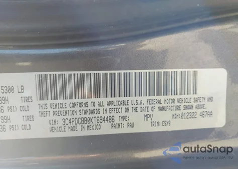 2019 Dodge Journey Se z USA, uszkodzony, nr VIN 3C4PDCBB0KT694486